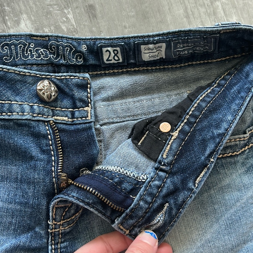 Miss Me Blue Denim Distressed Shorts with Snake Print Trim - Picture 7 of 13